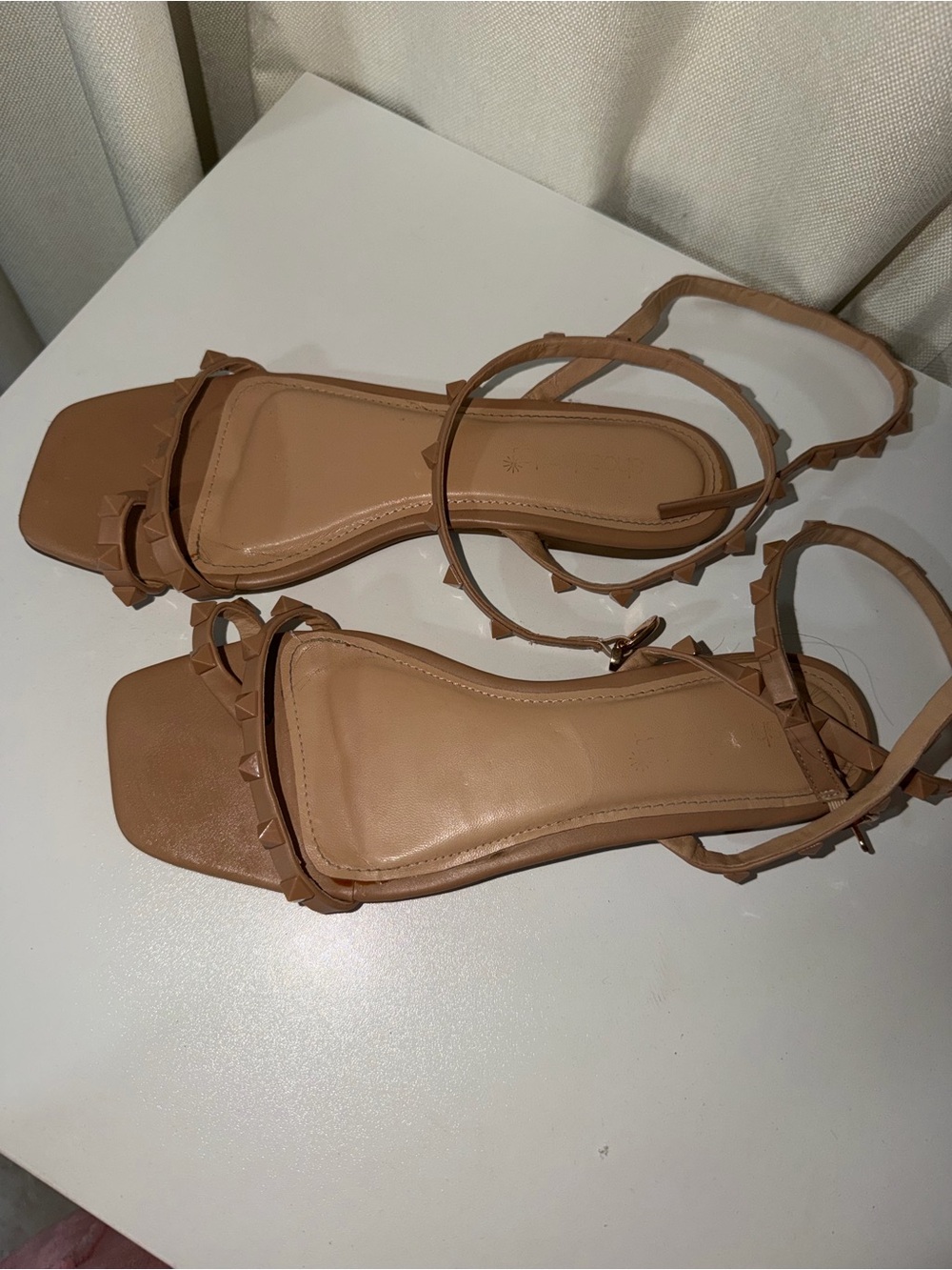 Shoe Dazzle Studded Tan Ankle-Strap Sandals
